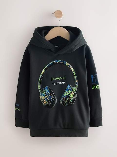 Black Headphones Older Boys Graphic Print Hoodie