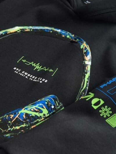 Black Headphones Older Boys Graphic Print Hoodie