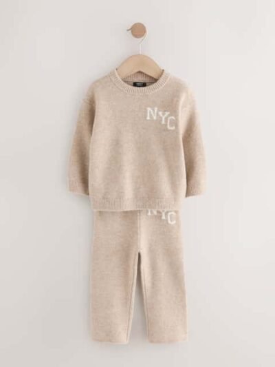 Neutral Knitted NYC Varsity Jumper and Joggers Set