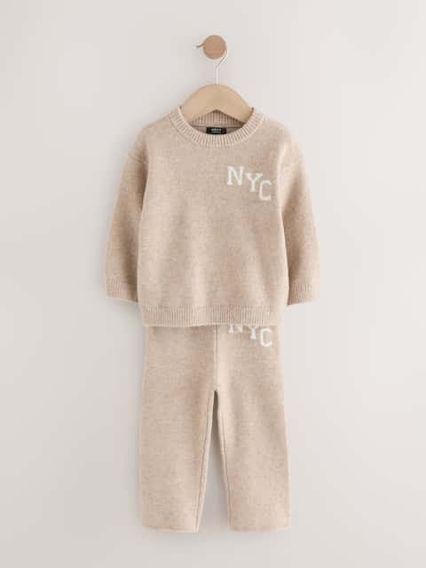 Neutral Knitted NYC Varsity Jumper and Joggers Set