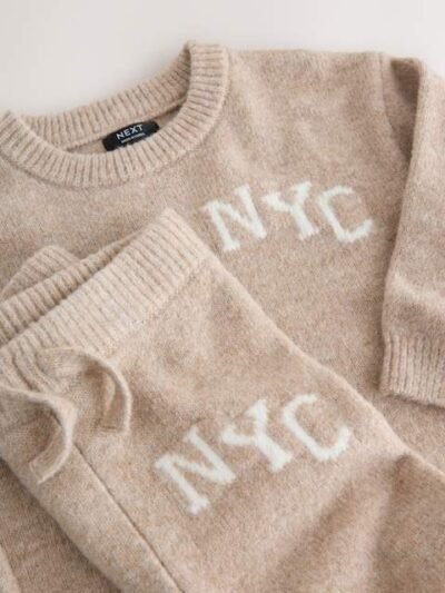 Neutral Knitted NYC Varsity Jumper and Joggers Set