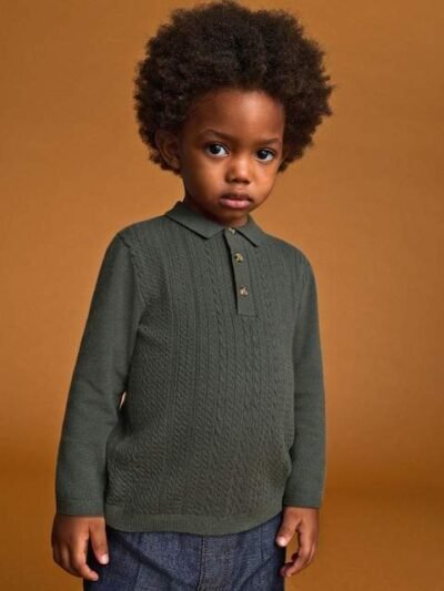 Dark Green Cable Knit Polo Shirt