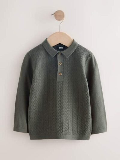 Dark Green Cable Knit Polo Shirt