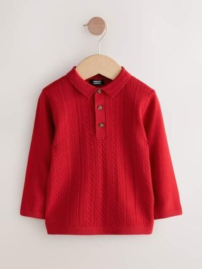 Red Cable Knit Polo Shirt