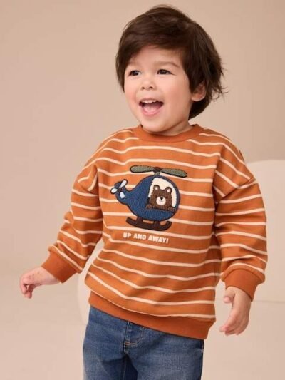 Tan Brown Ecru Stripe Bear All-Over Print Crew Neck Sweatshirt