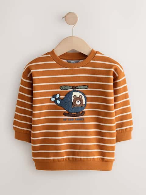 Tan Brown Ecru Stripe Bear All-Over Print Crew Neck Sweatshirt