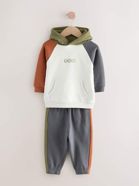 Ecru Off White and Charcoal Grey Colourblock Hoodie and Joggers Set