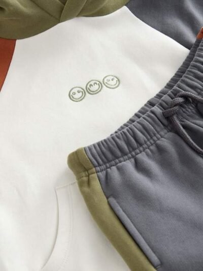 Ecru Off White and Charcoal Grey Colourblock Hoodie and Joggers Set