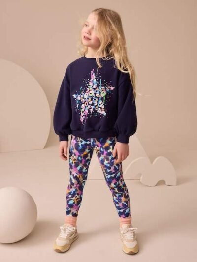 Navy Sequin Star Sweatshirt And Leggings Set