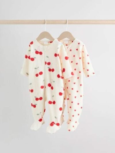 Red 2 Pack Micro Fleece Two Way Zip Baby Sleepsuits