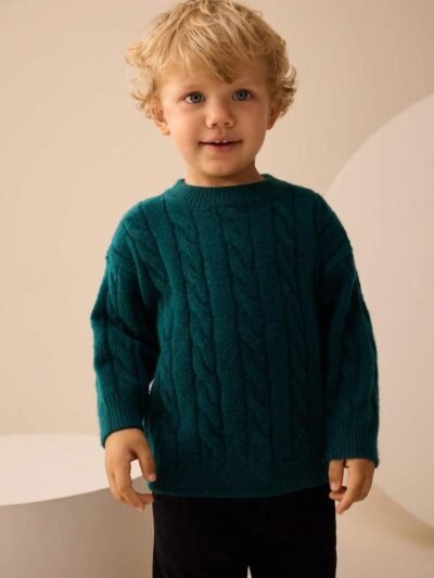 Dark Green Cable Knit Crew Neck Jumper