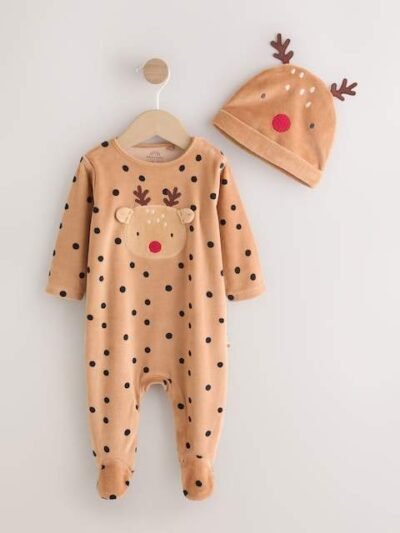 Brown Reindeer Baby Christmas Dress Up Sleepsuit