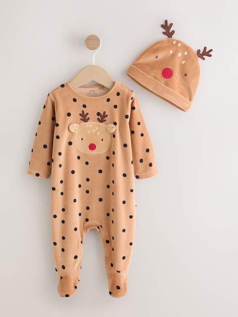Brown Reindeer Baby Christmas Dress Up Sleepsuit