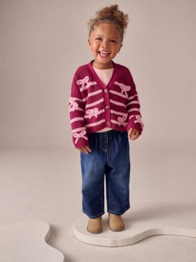 Pink Bow Stripe V-Neck Cardigan