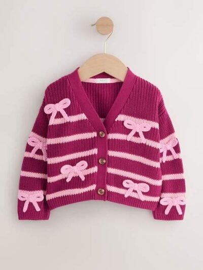 Pink Bow Stripe V-Neck Cardigan