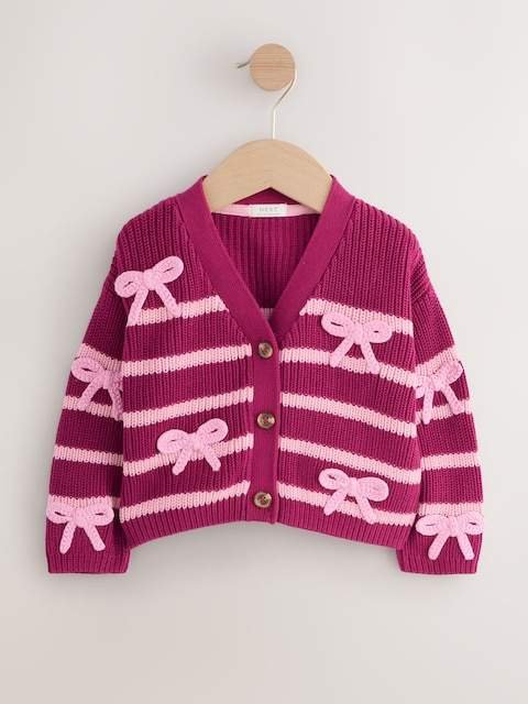 Pink Bow Stripe V-Neck Cardigan
