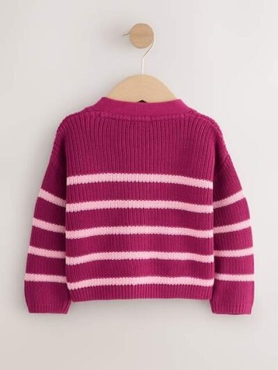 Pink Bow Stripe V-Neck Cardigan