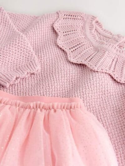 Pink Collar Jumper and Mesh Skirt Set
