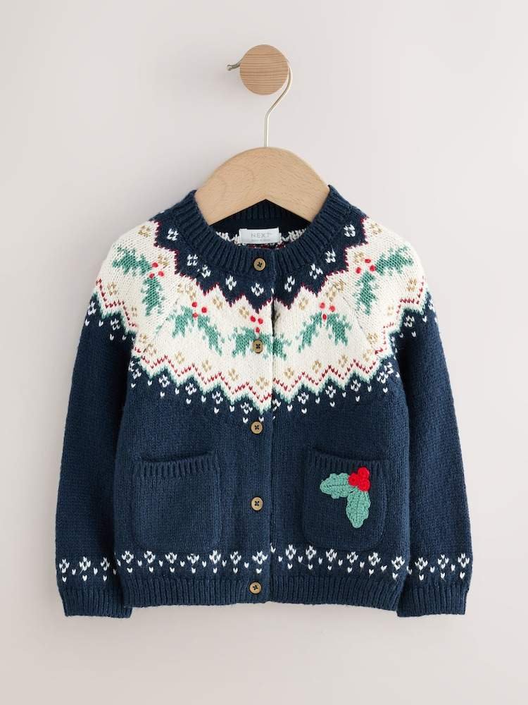 Navy Christmas Holly Cardigan