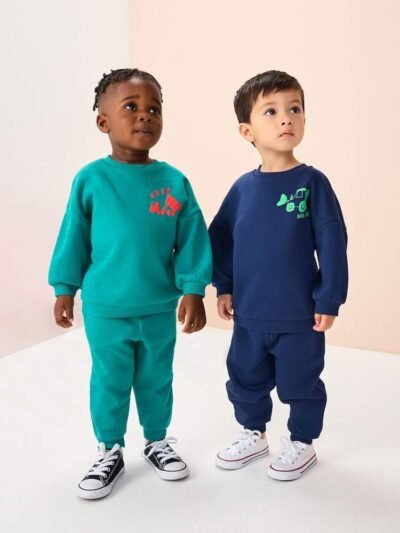 Navy Blue / Green Transport Printed 2 Pack Printed Crew and Joggers Set