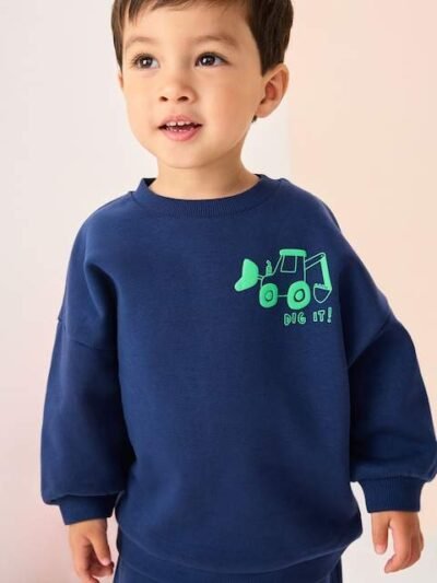 Navy Blue / Green Transport Printed 2 Pack Printed Crew and Joggers Set