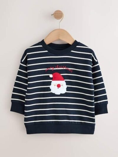 Navy Blue/Ecru Stripe Christmas Crew Neck Jersey Sweatshirt