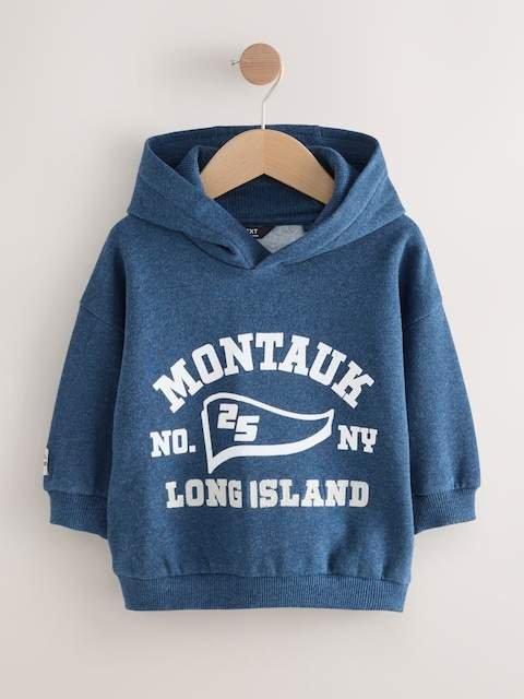 Navy Blue Marl Long Sleeve Printed Hoodie