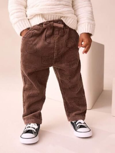 Brown Bear Print Corduroy Pull On Trousers