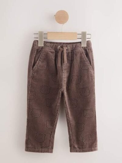 Brown Bear Print Corduroy Pull On Trousers