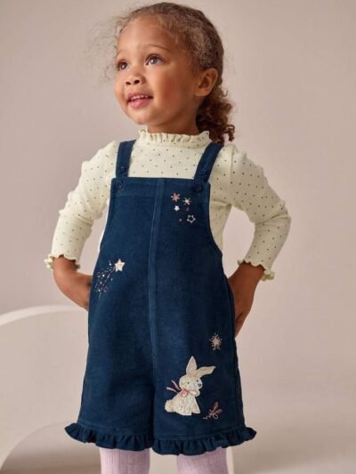Navy Bunny Corduroy Dungarees Top and Tights Set