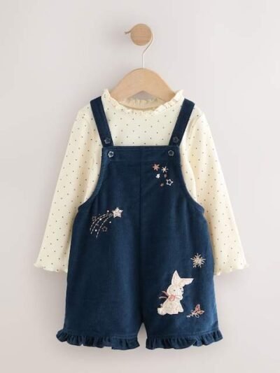 Navy Bunny Corduroy Dungarees Top and Tights Set