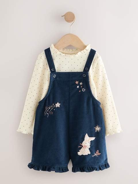 Navy Bunny Corduroy Dungarees Top and Tights Set