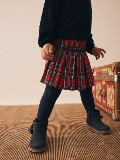 Red Tartan Bow Skirt with Navy Tights