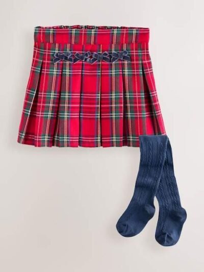 Red Tartan Bow Skirt with Navy Tights