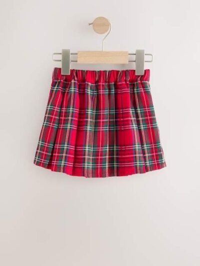 Red Tartan Bow Skirt with Navy Tights