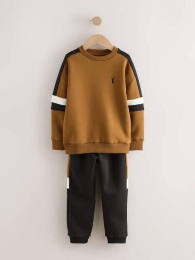 Tan Brown Colourblock Crew Set