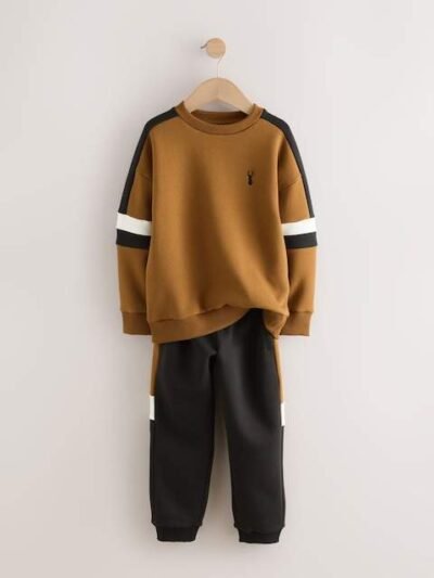 Tan Brown Colourblock Crew Set