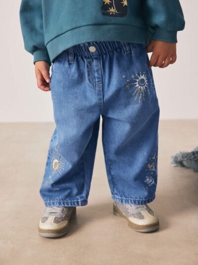 Mid Blue Embroidered Wide Leg Jeans