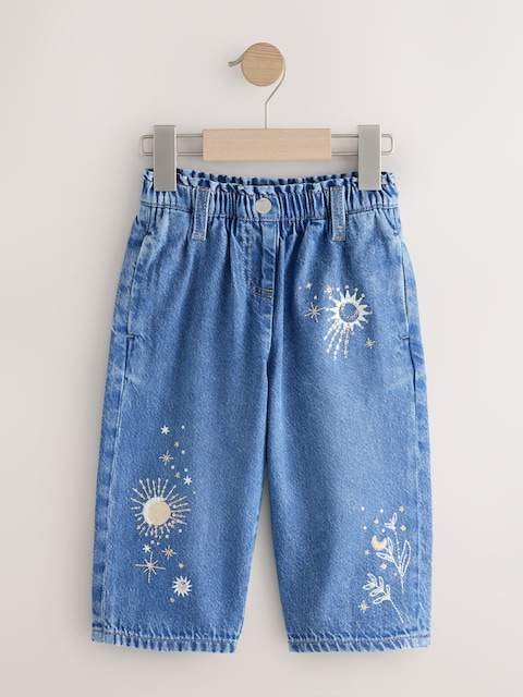 Mid Blue Embroidered Wide Leg Jeans