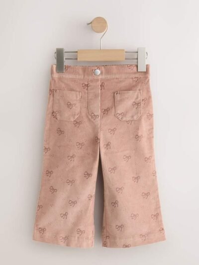 Brown Bow Print Cord Flare Trousers