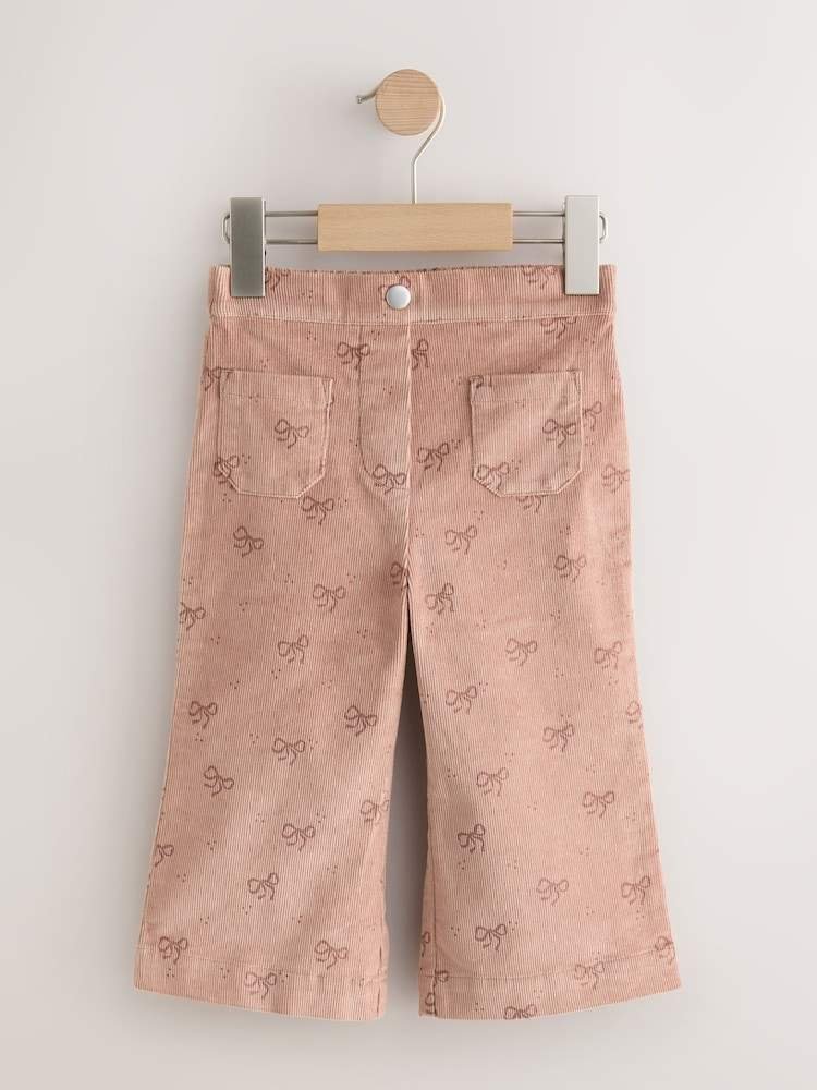 Brown Bow Print Cord Flare Trousers