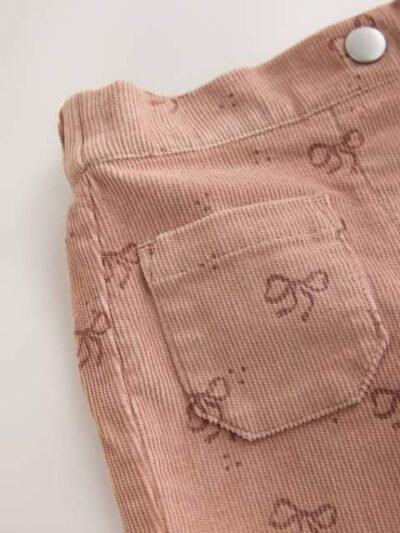 Brown Bow Print Cord Flare Trousers