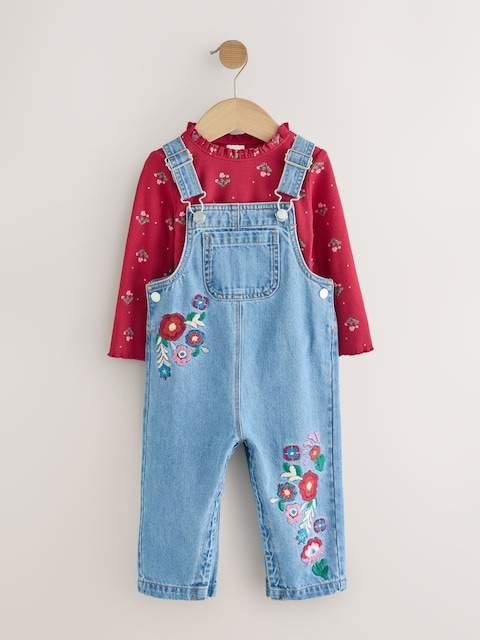Mid Blue Floral Embroidered Dungarees