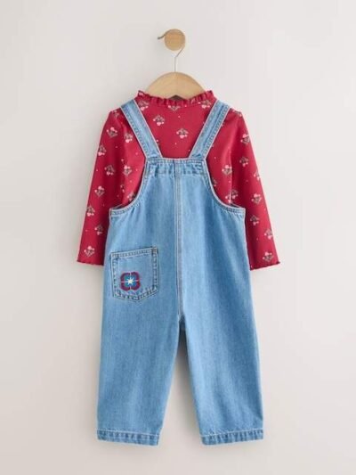 Mid Blue Floral Embroidered Dungarees