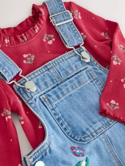 Mid Blue Floral Embroidered Dungarees