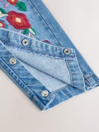 Mid Blue Floral Embroidered Dungarees