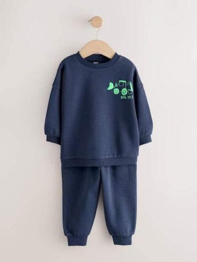 Navy Blue Digger Single Printed Crew and Joggers Set