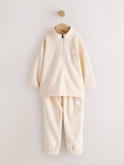 Ecru Off White Fleece Half Zip Top and Joggers Set