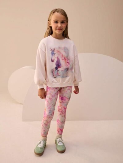 Cream/Pink Unicorn Sweatshirt And Leggings Set