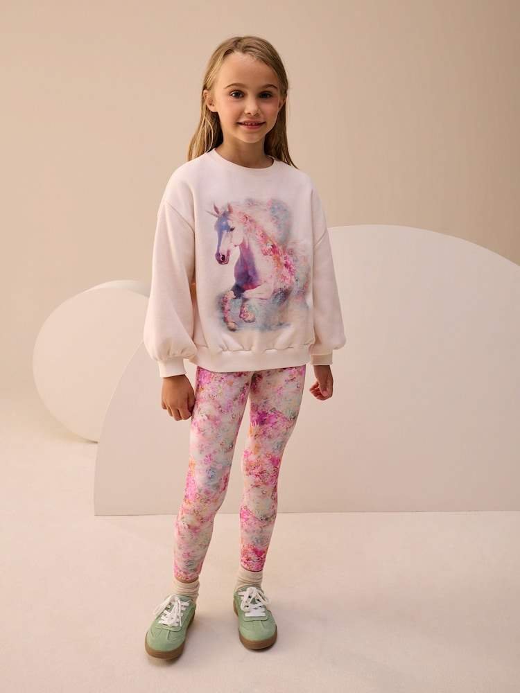 Cream/Pink Unicorn Sweatshirt And Leggings Set